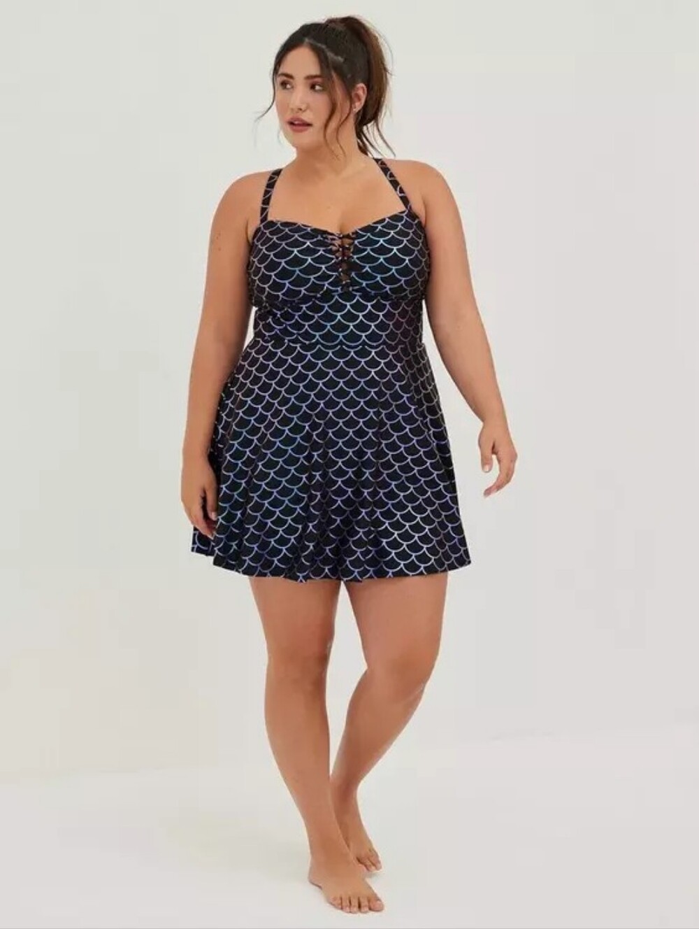 Torrid 4 Black Wireless Long Lattice Front Swim Dress With Brief Mermaid 4X